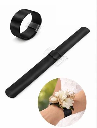 Corsage Wrist Slap Band - Black Satin - Pack of 4